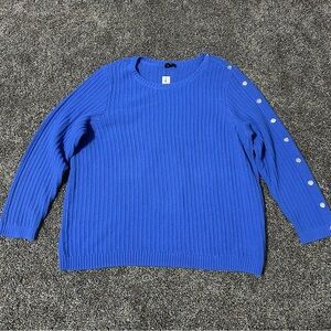 NWT Talbots Plus 2X blue asymmetrical button sleeve cable knit crew neck sweater